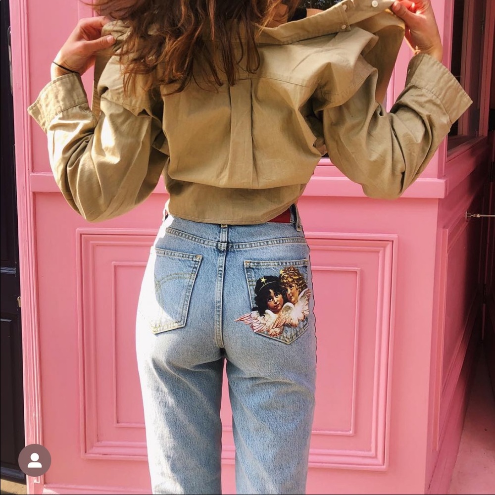 Vintage Fiorucci Light Blue Straight Leg Jeans with Angel Patch
